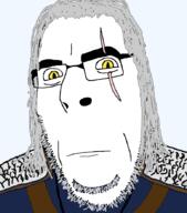 armor chain_mail closed_mouth geralt_of_rivia glasses grey_hair hair looking_at_you neutral orange_eyes scar slit_pupils soyjak stubble the_witcher variant:cobson witcher yellow_eyes // 775x882 // 177.2KB