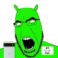 android angry antenna glasses google green_skin no_nose open_mouth phone soyjak stubble variant:cobson white_eyes // 1080x1080 // 262.9KB