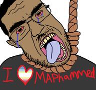 beard bloodshot_eyes brown_skin clothes crying glasses hair hanging i_love islam map_(pedophile) muhammad mustache open_mouth pedophile rope soyjak subvariant:chudjak_front suicide tongue variant:chudjak yellow_teeth // 768x716 // 284.1KB
