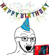 birthday clothes glasses hat nintendo nintendo_switch open_mouth part_hat party soyjak stubble text variant:classic_soyjak video_game // 1200x1350 // 313.8KB
