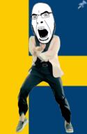 animated country dance flag full_body gangnam_style glasses irl open_mouth push_pin soyjak sticky stubble sweden variant:cobson // 300x460 // 296.9KB