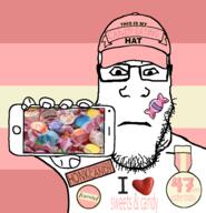 arm badge baseball_cap candy closed_mouth clothes facial_mark food hand hat holding_object holding_phone i_love iphone neutral phone soyjak sticker subvariant:phoneplier subvariant:phoneplier_horizontal sweets tattoo tshirt variant:markiplier_soyjak // 946x981 // 346.2KB
