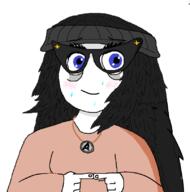 arm avengers beanie blue_eyes blush closed_mouth clothes female glasses hair hand hat long_hair necklace nervous smile soyjak sweating variant:soytan // 804x814 // 140.2KB