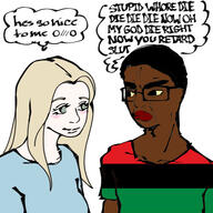 bbc black_skin clothes female flag flag:pan-african glasses green_eyes soyjak speech_bubble text thick_eyebrows thought_bubble trad_wife tshirt variant:chudjak variant:wojak white_skin woman yellow_hair // 600x600 // 169.6KB