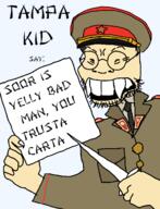 asian cap clothes communism full_body glasses half_open_mouth hammer_and_sickle hat holding_object kgb knife kuz military_uniform paper sign small_eyes soyjak star stubble teeth uniform variant:soykio_kid yellow_skin // 989x1293 // 150.5KB