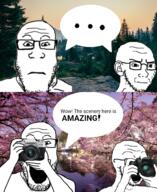 2soyjaks angry arm camera cherry_blossom closed_mouth concerned ear flower forest glasses hand holding_object irl_background landscape neutral open_mouth place_japan plant pond speech_bubble stubble sunrise text thing_japanese tree variant:markiplier_soyjak variant:soyak // 1000x1224 // 1.5MB