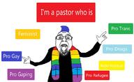 blue_hair christianity cross feminist gay glasses open_mouth pastor pedophile rainbow rainbow_flag refugees_welcome religion soyjak stubble tiktok tranny variant:gapejak_front // 800x491 // 187.1KB