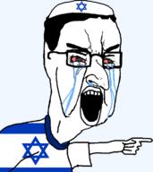big_nose bloodshot_eyes clothes crying flag flag:israel hair hat israel jewish_nose jewish_star jews lgbt open_mouth pointing soyjak stubble tshirt variant:chudjak // 680x762 // 79.2KB