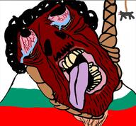 bird bloodshot_eyes brown_skin bulgaria cap clothes country crying dog flag hair hanging hat open_mouth rope soyjak star stubble subvariant:brunetto symbol text tongue variant:bernd yellow_teeth // 485x450 // 197.2KB