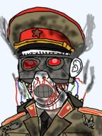 blood clenched_teeth clothes communism cyborg cyrillic_text dead dirty_clothes ear fire hammer_and_sickle hat kgb kuz necktie neutral open_mouth red_eyes robot smoke soyjak star uniform variant:kuzjak wires // 810x1080 // 619.5KB