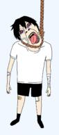 anime bandage bloodshot_eyes clothes crying full_body glasses hair hanging lee_hooni mustache open_mouth patch rope shorts soyjak stubble suicide suicide_boy tshirt variant:bernd yellow_teeth // 1197x2709 // 78.1KB