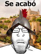 closed_eyes closed_mouth clothes conquistador frown glasses hat irl_background its_over military morion sad soyjak spain spanish_text stubble text variant:markiplier_soyjak // 600x800 // 531.8KB