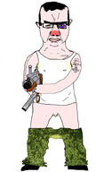 ak-47 arm balding bruise camouflage chinese_text clothes cyrillic_text gun hand leg penis pink_skin piss pskov red_nose russia small_penis sweating tattoo twp variant:chudjak vatnik weapon z_(russian_symbol) // 1098x1798 // 250.7KB