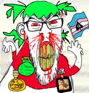 4chan 4cuck angry anime arm badge billy_herrington blood bloodshot_eyes clenched_teeth clothes cracked_teeth flag glasses green_hair hair holding_flag holding_object loli map_(pedophile) motion_blur nosebleed oldfag pedophile queen_of_spades stubble subvariant:feralrage text transgender_flag variant:feraljak vein yellow_teeth yotsoyba // 895x934 // 450.7KB