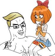 arm bowtie buff clothes dutch female flag glasses hair hand handsome holding_object looking_at_each_other mymy necktie nipple ongezellig orange_hair orange_skin skirt smile soyjak tattoo variant:chudjak yellow_hair // 701x720 // 132.6KB