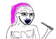 acne arm breasts glasses hand holding_knife holding_object knife makeup nipple open_mouth painted_nails pink_hair soyjak stubble surgery tranny variant:soyak // 859x605 // 285.9KB