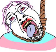 animated bloodshot_eyes crying glasses hair hanging mustache open_mouth purple_hair rope soyjak spinning stubble suicide tranny variant:bernd // 768x719 // 318.5KB