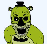animatronic arm bear black_sclera bowtie clothes ear five_nights_at_freddy's five_nights_at_freddy's_1 glasses golden_freddy hat horror open_mouth soyjak stubble top_hat variant:el_perro_rabioso video_game // 427x400 // 35.1KB