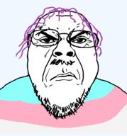 angry closed_mouth clothes glasses mustache punisher_face purple_hair soyjak stubble tranny variant:bernd // 1930x2070 // 373.9KB