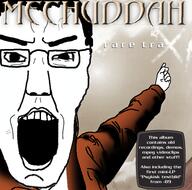album_cover angry arm clothes glasses hair looking_at_you meshuggah_(band) metal_(music) music open_mouth pointing soyjak teeth text variant:chudjak // 600x593 // 225.6KB