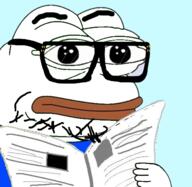 arm closed_mouth clothes eyebrows frog glasses hand lips looking_at_you neutral newspaper pepe stubble variant:unknown white_skin // 483x470 // 139.0KB