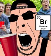 angry backwards_cap bromine brown_hair cap chemistry clothes drink element glasses hair hat irl_background open_mouth sleeveless_shirt soyjak stubble sunglasses text variant:cobson white_skin // 721x789 // 362.0KB