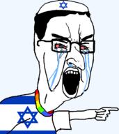 big_nose bloodshot_eyes clothes crying flag flag:israel hair hat israel jewish_nose jewish_star jews lgbt open_mouth pointing soyjak stubble tshirt variant:chudjak // 680x762 // 80.3KB