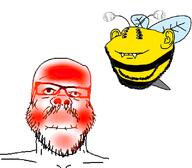 4soyjaks animal antenna bee bug closed_mouth ear glasses holding_breath mustache no_nose red red_skin smile soyjak stubble subvariant:impish_bee subvariant:wholesome_soyjak variant:a24_slowburn_soyjak variant:gapejak variant:impish_soyak_ears wing // 800x700 // 119.8KB