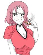arm big_breasts breasts choker cigar closed_mouth female glasses hair hand holding_object painted_nails pink_hair smile smoke smug soyjak variant:soyak // 500x627 // 1.2MB