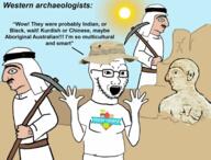 archaeology arm clothes drawn_background glasses hand hands_up hat open_mouth pickaxe soyjak stubble sumerian summer sun tshirt variant:classic_soyjak // 960x729 // 757.8KB