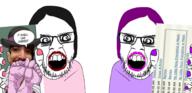 2soyjaks angry barneyfag clothes glasses hair hand lipstick makeup mustache open_mouth painted_nails picture purple_hair soyjak stubble tranny variant:feraljak // 2780x1341 // 1.9MB