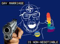 angry badge country dildo firearm flag gay glasses gun holding_object mustache nato pointing pointing_at_viewer rainbow soyjak star_of_david stubble tattoo text ukraine variant:feraljak // 1200x884 // 894.4KB