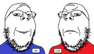 2soyjaks angry closed_mouth clothes coal cole frown gem glasses happy jim name_tag sign smile stubble text variant:gapejak // 1378x800 // 308.2KB