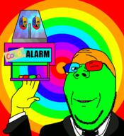 3soyjaks alarm animated arm baby clothes colorful deformed ear gif glasses hand holding_object mustache necktie pointing police_light sign smile soyjak strobe stubble suit text variant:jacobson variant:wholesome_soyjak wink // 1070x1172 // 389.6KB