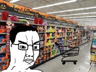 angry closed_mouth glasses hair halloween irl_background soyjak supermarket variant:chudjak // 980x735 // 623.7KB