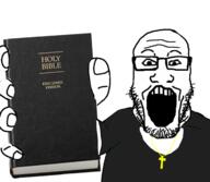 arm bible book christianity clothes cross glasses hand holding_object necklace open_mouth religion soyjak stubble tshirt variant:markiplier_soyjak // 2160x1884 // 2.3MB