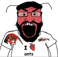 angry animal ant anteater antenna arm beard bug clothes glasses hair hat i_love open_mouth red_skin soyjak stubble subvariant:science_lover text tshirt variant:markiplier_soyjak // 800x789 // 195.6KB