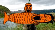 angry animal clothes coat fish fishing food glasses habenero hair holding_object irl_background open_mouth orange orange_skin pepper plant river soyjak stubble tail variant:markiplier_soyjak variant:unknown water // 1296x718 // 1.2MB
