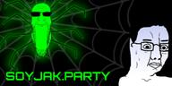 2soyjaks animal banner black_background bug closed_mouth glasses glowie glowing green_skin hair looking_to_the_right scared smile soyjak soyjak_party spider stretched_chin stubble sunglasses sweating text variant:chudjak variant:markiplier_soyjak web // 300x150 // 39.5KB