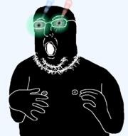 arm black_skin glasses glowing_eyes hand inverted nipple open_mouth soyjak stubble thougher variant:norwegian // 723x770 // 100.0KB