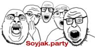 5soyjaks angry arm banner glasses hand null open_mouth soyjak soyjak_party stubble variant:chugsjak variant:nerdjak variant:nulljak variant:unknown // 300x150 // 32.8KB