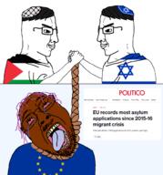 2015 2016 2023 ack brown_troonjak countrywar euromutt european_union flag:european_union flag:israel flag:palestine hanging israel news open_mouth palestine purple_hair refugees rope side_profile suicide teeth text tongue tranny variant:bernd variant:chudjak // 1560x1677 // 240.8KB