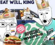 3soyjaks arm burger_king car clothes crown flag food glasses hamburger hand impossible_whopper lgbt mustache pointing pointing_at_viewer soyjak stubble text tshirt variant:classic_soyjak variant:two_pointing_soyjaks // 745x605 // 563.7KB