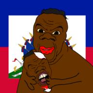 2soyjaks arm black_skin blood cannibalism closed_eyes eating flag flag:haiti food haiti hand holding_object nigger open_mouth smile smirk variant:feraljak yellow_eyes // 2048x2048 // 750.7KB