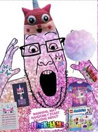 bang_(energy_drink) butterfly clothes cotton_candy glasses hand hands_up hat holding_object lego meta:tagme open_mouth pink pink_shirt soyjak stubble unikitty variant:ppp // 1001x1340 // 230.0KB