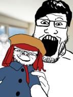 2soyjaks blur blurred_background clothes glasses hair hat holding_object madeline open_mouth red_hair smile soyjak stubble subvariant:dr_soystein toy variant:a24_slowburn_soyjak variant:markiplier_soyjak window // 2556x3408 // 613.2KB
