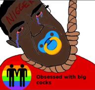 animated binky black_skin bloodshot_eyes clothes crying cum glasses hair hanging meta:tagme nigger open_mouth pacifier rope soyjak subvariant:chudjak_front sucking suicide text tongue variant:chudjak yellow_teeth // 480x452 // 2.1MB