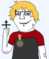 arm badge bandage bruise child christianity closed_mouth clothes cross freckles glasses hair holding_object looking_at_you medal nate newfag orthodox_church shadow smile soot_colors soyjak soyjak_party subvariant:shoyta text transparent tshirt variant:gapejak yellow_hair youngest_jakker // 1000x1200 // 54.1KB