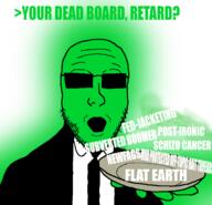 arm clothes glasses glowie glowing green_skin greentext hand holding_object necktie open_mouth plate soyjak stubble suit sunglasses text variant:platejak // 1366x1318 // 421.9KB