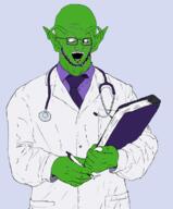 antenna arm book clothes crazed doctor dragon_ball ear glasses green_skin hand necktie open_mouth piccolo_dick soyjak stethoscope stubble variant:classic_soyjak // 626x754 // 129.7KB
